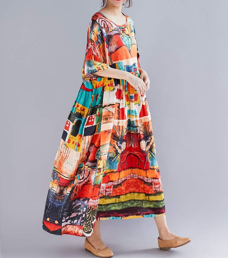 ellazhu Women's Half Sleeve Summer Oversized Bohemian Dress Scoop Neck Abstract Print Maxi Baggy Beach Dresses GA1396 - Image 4